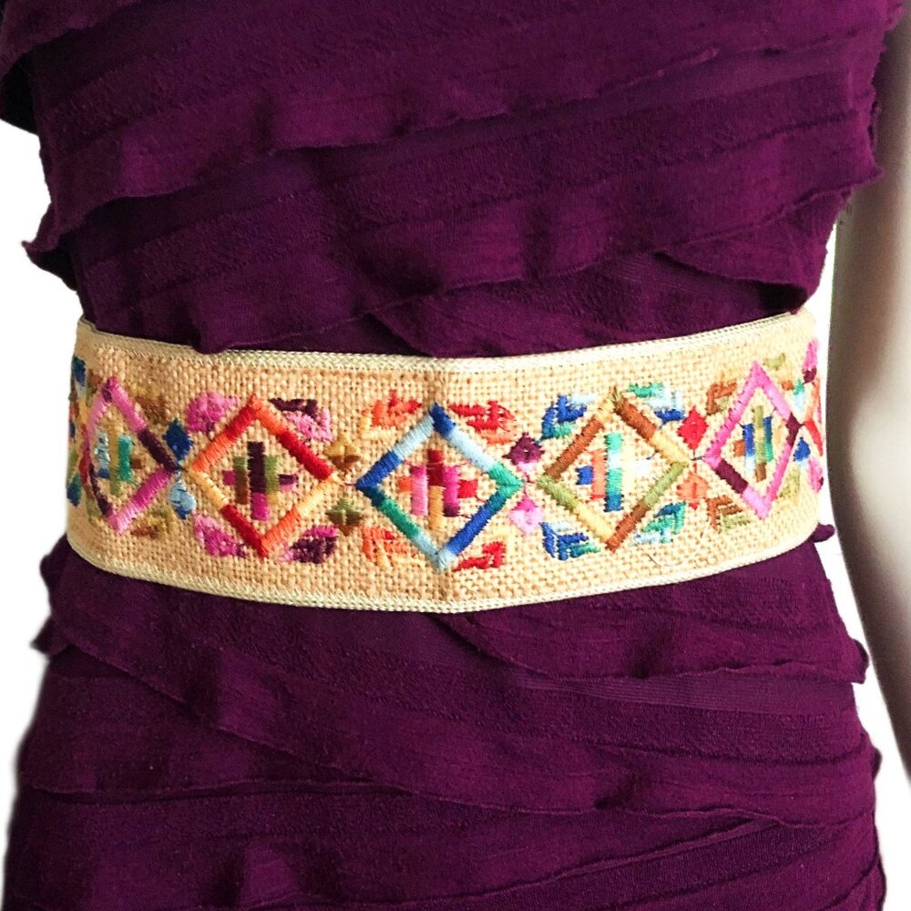 Boho Embroidered Wide Waist Tie Belt w/ Tassels | Geometric Folk Artisan | 25”